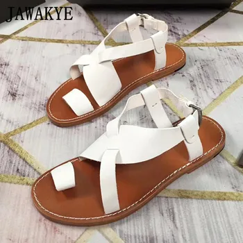 

Rome Clip-on Flat Cow Leather Sandals Crossover Thick Bottom Casual Beach Shoes 2020 New Buckle Strap Gladiator Sandals Woman