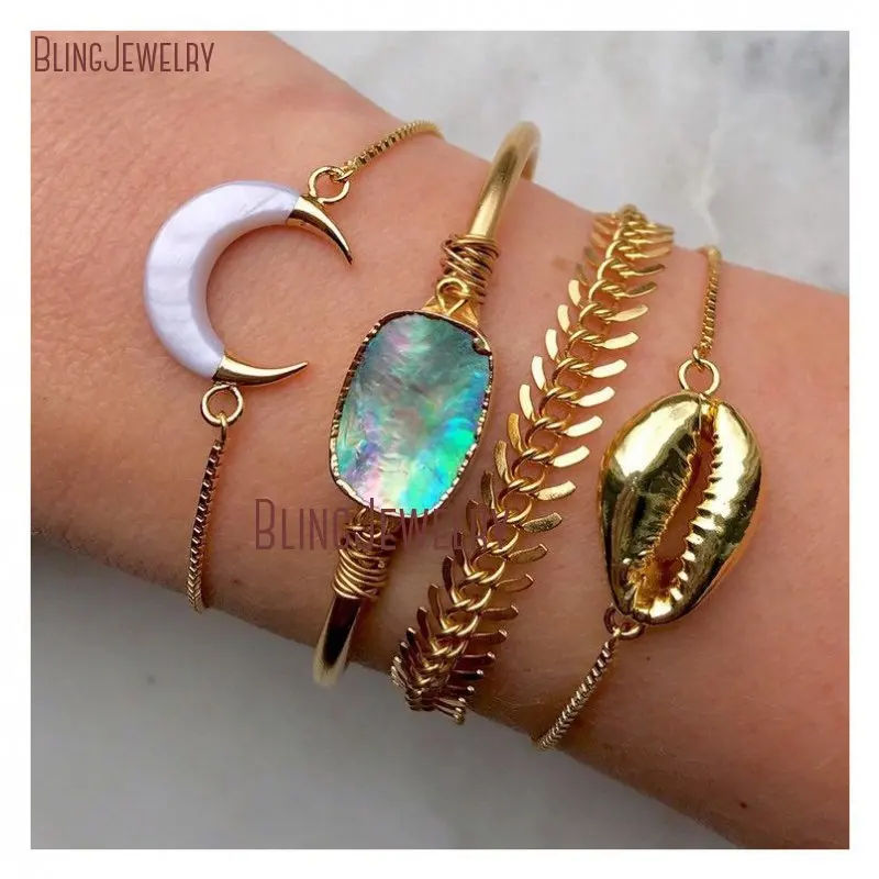Золотой рыбья кость сырья Boho Chic Радужный Галиотис оболочки жесткий Браслет