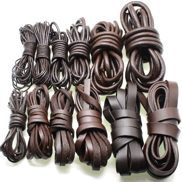 2Meter 1.5 2 3 4 6 8 10 15 20 MM Brown Real Genuine Leather Cord Round Flat  Rope String for DIY Necklace Bracelet Jewelry Making