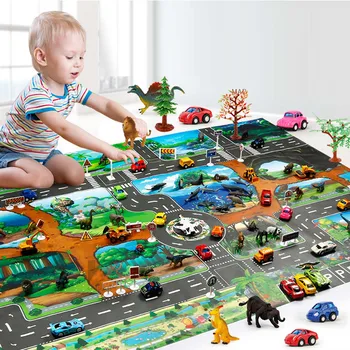 

Kids Playmat Carpet Rug + 12pcs Simulation Dinosaur Figure Model + 18pcs Road Traffic Signs for Children Educational Toys