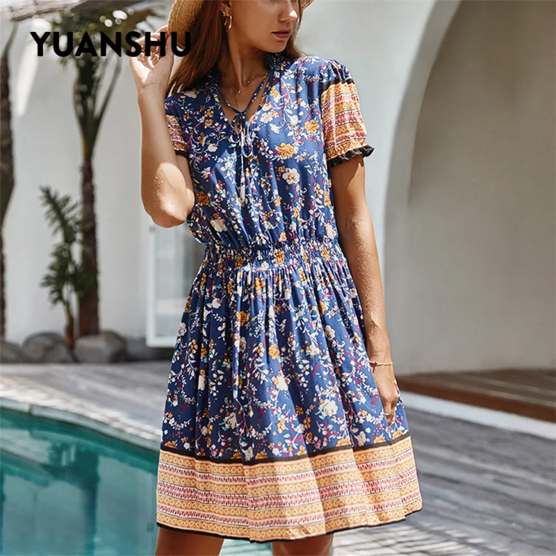

Bohemian V Neck Women Summer Dress A-line Patchwork Ruffled Floral Print Midi Sundress Female Beach Holiday Boho Dresses