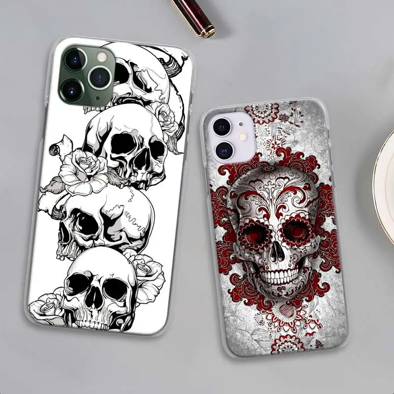Case for iPhone 7 8 XR 12 Mini 11 12 13 Pro Max X XS MAX SE 5 5S 6 6s Plus 12 11 Pro Hard Phone Cover Retro Style Flower Skull