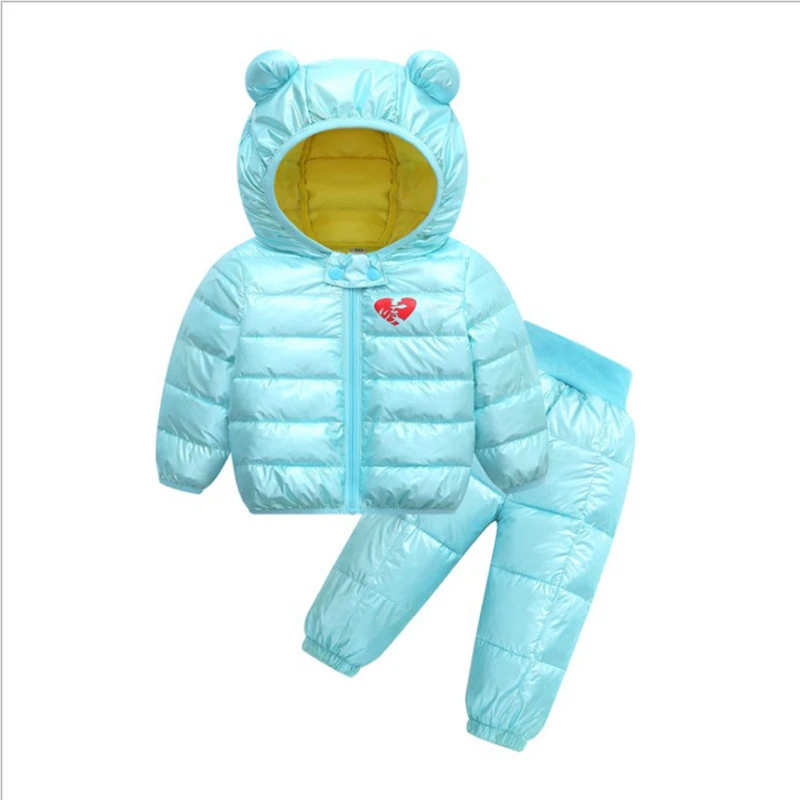 sky blue Костюм для девочек пуховик для младенцев хлопковая куртка Новые осенне-зимние детские брюки комплект из двух предметов для маленьких мальчиков - Цвет: sky blue