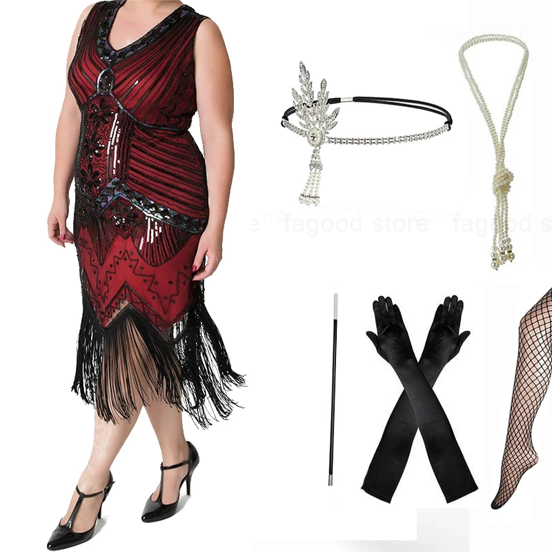 

Plus Size Women 1920s Art Deco Great Gatsby Sequin Fringe Flapper Dress Tassels Costume Accessories Set with Sleeveless