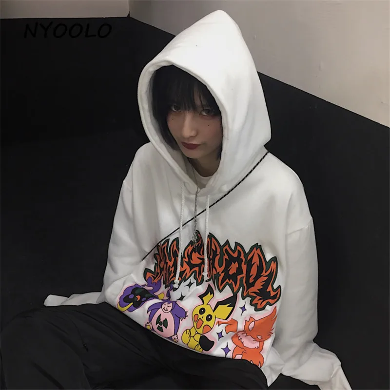 NYOOLO Harajuku стиль мультфильм буквы печати плюс бархат теплые толстовки Осень Зима Свободный пуловер толстовка с капюшоном для женщин мужчин