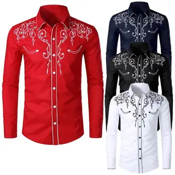 

Men Shirts Solid Color Embroidered Long Sleeve Shirts Turn Down Collar Long Sleeve Shirt Top Office Meeting Vacation men