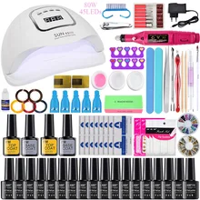 80 Вт УФ лампа для ногтей, набор для маникюра Комплект 18/12/8 расцветок гель Лаки комплект Фрезер для ногтей, сверлильный станок комплект пилочка для ногтей инструмент набор для наращивания ногтей