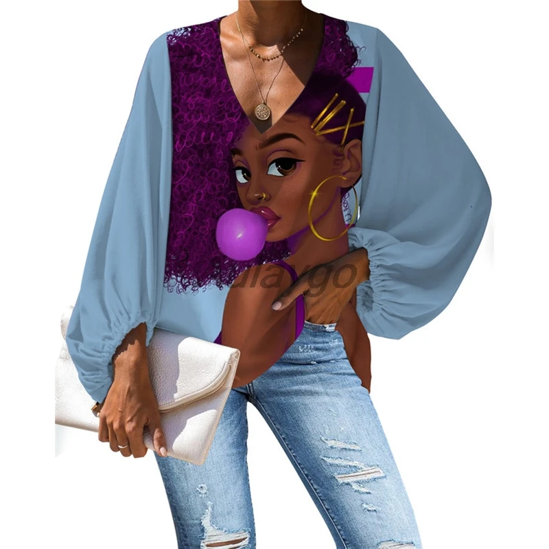 Black African Girls Patterns Women's Lantern Sleeves Blouses Deep V Neck Fashion Loose Shirts Tops Blusas De Mujer Y Camisas | Женская