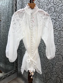 

2020 Spring and Summer New Women's Lining Small Stand Collar Lace Embroidered Lace-up Knotted Waist Hugging Shirt 627
