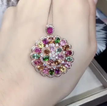 

Luxurious Hydrange natural Multicolor tourmaline Pendant natural gemstone pendant S925 silver Women girl gift precious jewelery