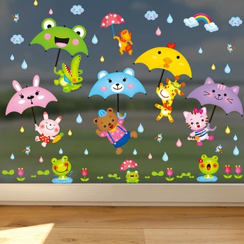 

[SHIJUEHEZI] Cartoon Umbrellas Wall Stickers PVC Material DIY Animals Wall Decals for Kids Rooms Nursery Glass House Decoration