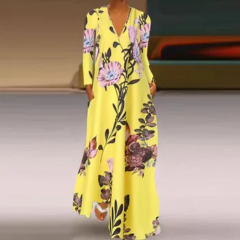 

Fashion Women Casual Plus Size S-5XL V-Neck Flower Print Long Sleeve Loose Long Party Dress Wholesale Free Ship платье Z4