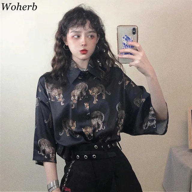 US $11.11 Woherb Vintage Leopard Blouse Women Harajuku Animal Print Shirt 2020 Summer Ladies Loose Blusa Stre