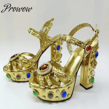 

Prowow New Summer Metallic Leather Crystal Jewel Beading Sandals Open Toe Sexy Platform Super HIgh Heel Sandals Shoes Wom