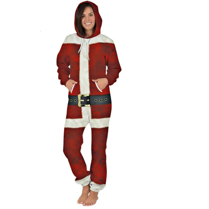 Family Christmas Pajamas Romper Winter Women Long Sleeve Hooded Jumpsuit Female Hip Hop Streetwear Cosplay Overalls W015