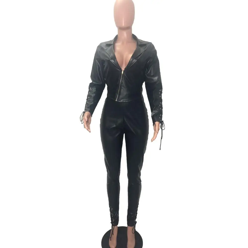 Echoine PU Leather Zipper Short Jacket and Grommet Lace Up PU Pants Set