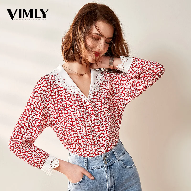

Vimly Women Sweet Red Flower Printing Blouses Shirt Female Long Sleeve Chiffon Elegant Blouses Office Ladies VIntage Shirts