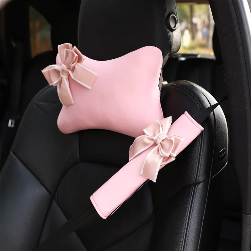 

Cute Bowknot Universal Car Seat Headrest Neck Pillow Auto Seat Belt Cover Shoulder Pad Car Accessories Interior for Women Pink