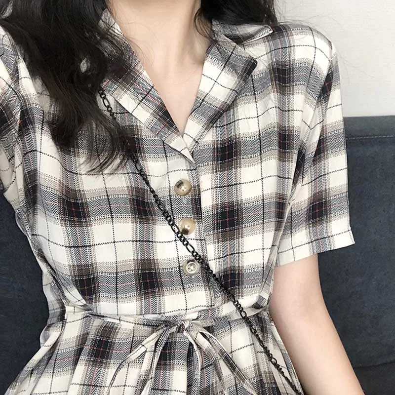 One-Piece Lady Lattice Dress 2020 Summer Fashion Korean Vintage Chiffon V-Neck Bandage Dress Women Elegant Plus Size Dresses