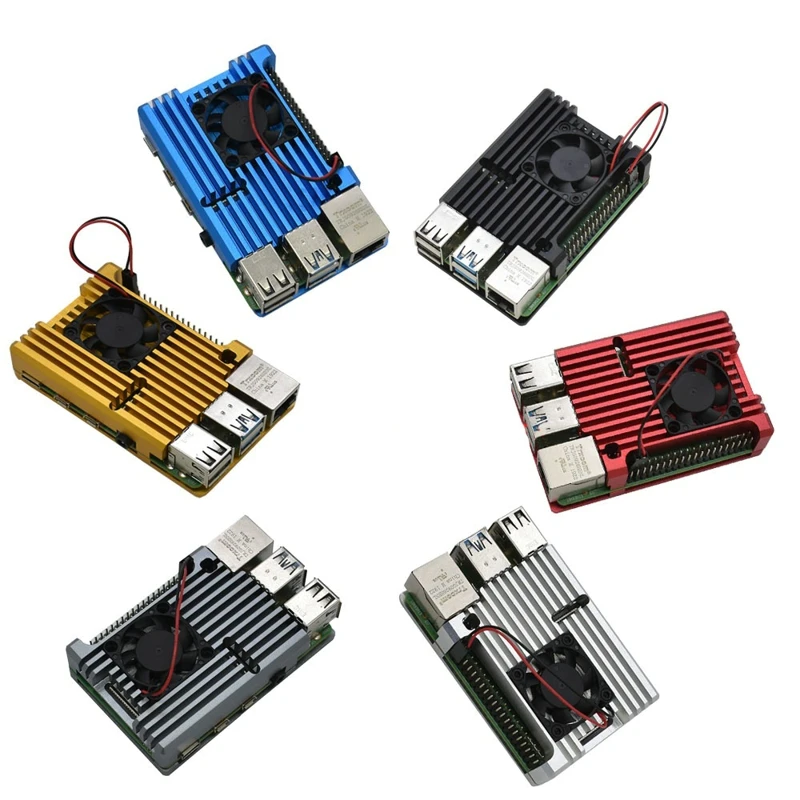 Алюминиевый Чехол Raspberry Pi 4 с охлаждающим вентилятором, металлический корпус, черный, серебристый, синий, серый, красный, золотой корпус для RPI 4B