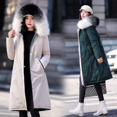 Beige Green Большие размеры, L-XXXXXL, Зимняя мода, женский свободный теплый пуховик на молнии, хлопковая куртка, глянцевая теплая парка, длинная Большая Меховая куртка с капюшоном с обеих сторон, можно носить толстое пальто, женская уличная верхняя одежда с длинным рукавом, черный, розовый, зеленый - Цвет: Beige Green