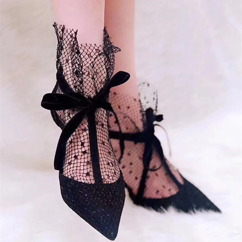 Koovan-zapatos de tacón con punta de malla para mujer, calzado Sexy con lazo y Correa, color negro, para Primavera, 2020