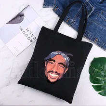 2 Pac Tupac Harajuku Art Shopping Black Bags Canvas Tote Bag Printed Cartoon Reusable Cloth Bag Handbag Shoulder Bags Custom