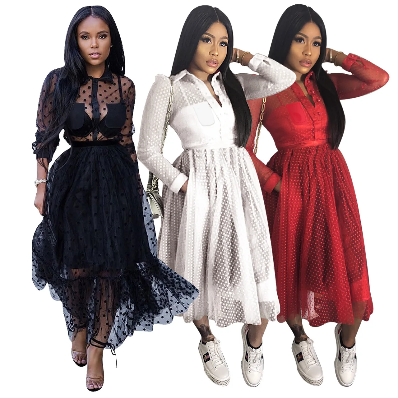 

2019 autumn Women's Mesh Sheer Shirt Maxi new big swing vintage sexy night party long beach boho vestidos dresses