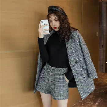 

high quality autumn winter wool coat set women jacket with blet plaid tweed short suit 2 piece set woolen outwear P698