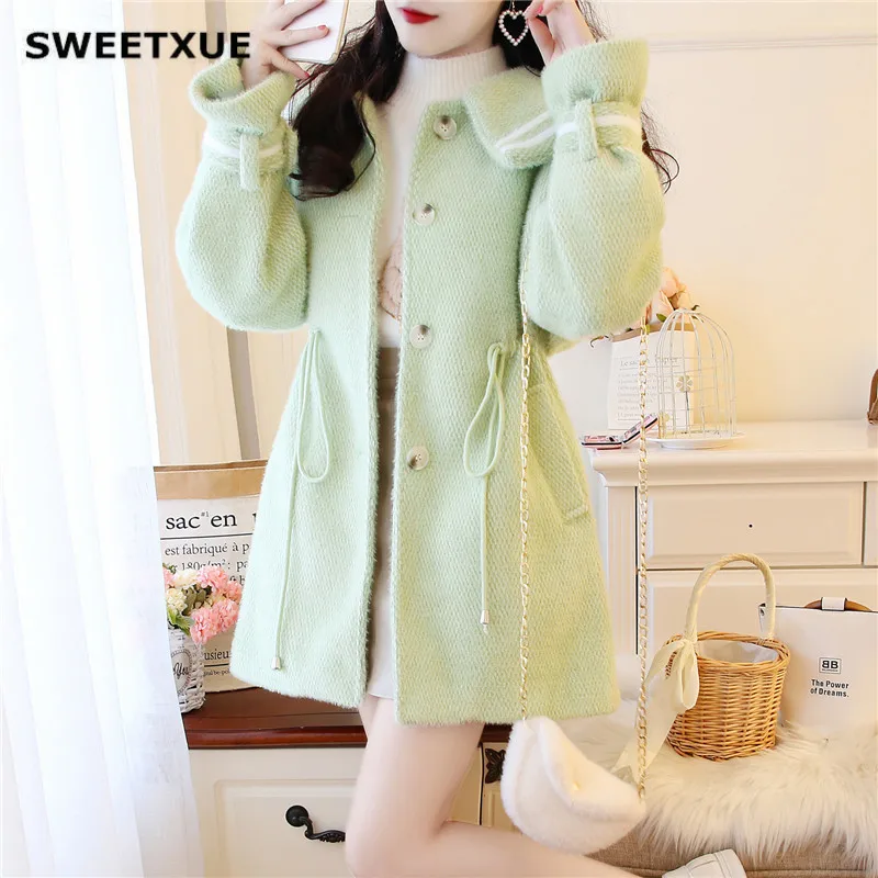 SWEETXUE 2019 Autumn Winter Mink Fur Coat Female Hit Color Sweet Doll Collar Woolen lovely Jacket Long Section Outerwear Women |