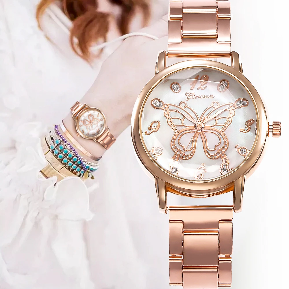 Wanita Butterfly Rose Gold Besi Tahan Karat Kuarsa Watch Citizen Harga Mewah Tren Manset Bulat Gelang Watch Gadis Hadiah Wanita Gelang Jam Tangan Aliexpress