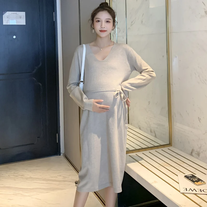 

1611# Autumn Winter Thick Knitted Maternity Dress V neck Ties Waist Straight Loose Dress Clothes for Pregnant Women Pregnancy