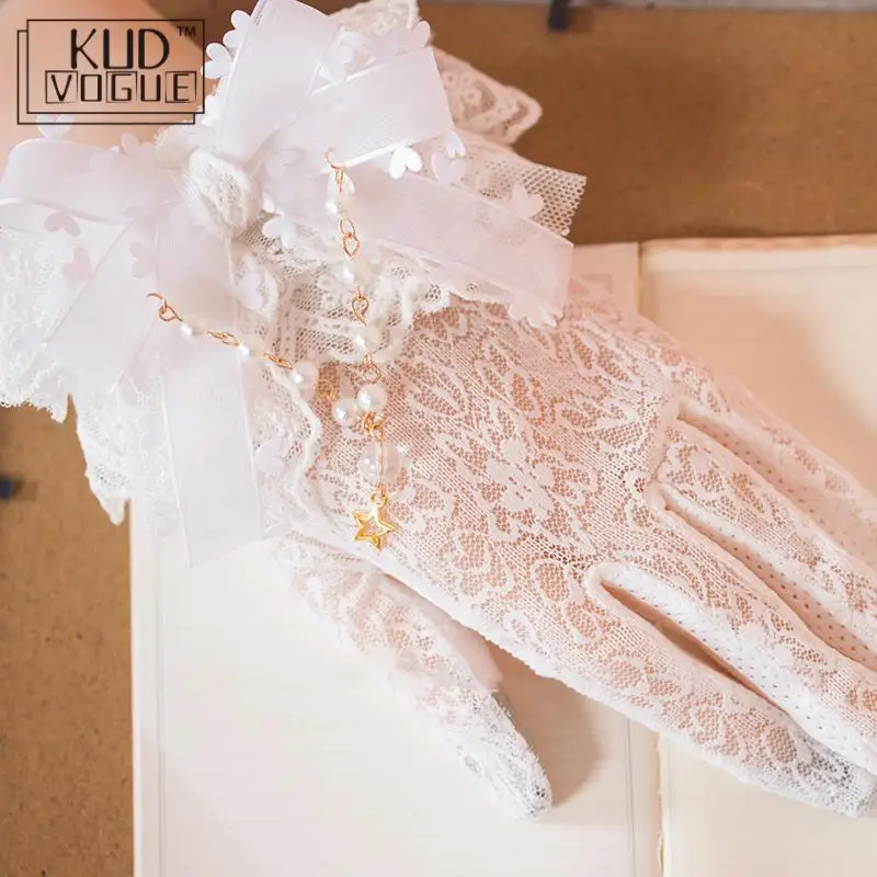 

Princess Sweet Lolita Accessories White Lace Gloves Handmade Pearl Bow Pearl Lace Summer Sun Protection Gloves Japanese Style
