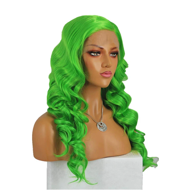 RONGDUOYI Green Syntheti Wigs with Side Part Long Deep Wave Lace Front Wig for Black Women Cosplay Heat Resistant Fiber Hair Wig