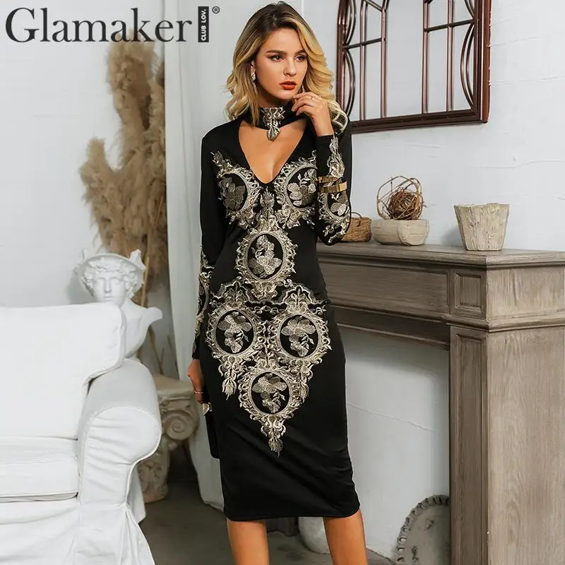 Glamaker Вышивка bodycon черное платье женское осеннее сексуальное v образным вырезом тонкое вечернее платье зимнее с длинным рукавом элегантное vestidos