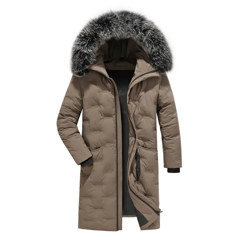 Длинная Мужская Зимняя Толстая теплая куртка-пуховик с капюшоном и воротником из лисьего меха на холодную и ветрозащитную погоду повседневное белое пуховое пальто - Цвет: Khaki