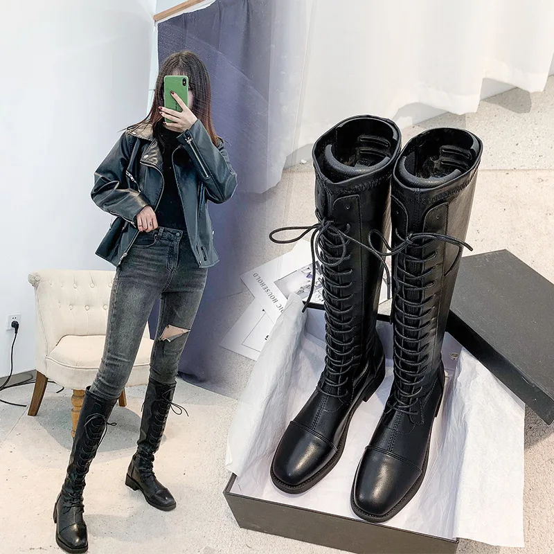 

Europe And America Autumn And Winter Chunky-Heel Lace-up Slimming Boots Women's Waterproof Platform Hot Selling Martin Boots Low