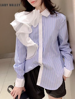 

Design sense three-dimensional lotus leaf decoration contrast color striped shirt ladies spring loose wild tops