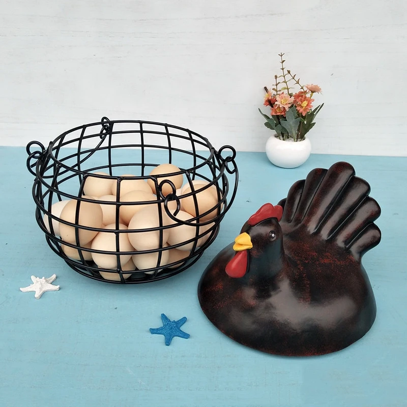 Iron Basket Egg Storage Basket Snack Fruit Basket Creative Collection Hen Ornaments Decoration Kitchen Accessories