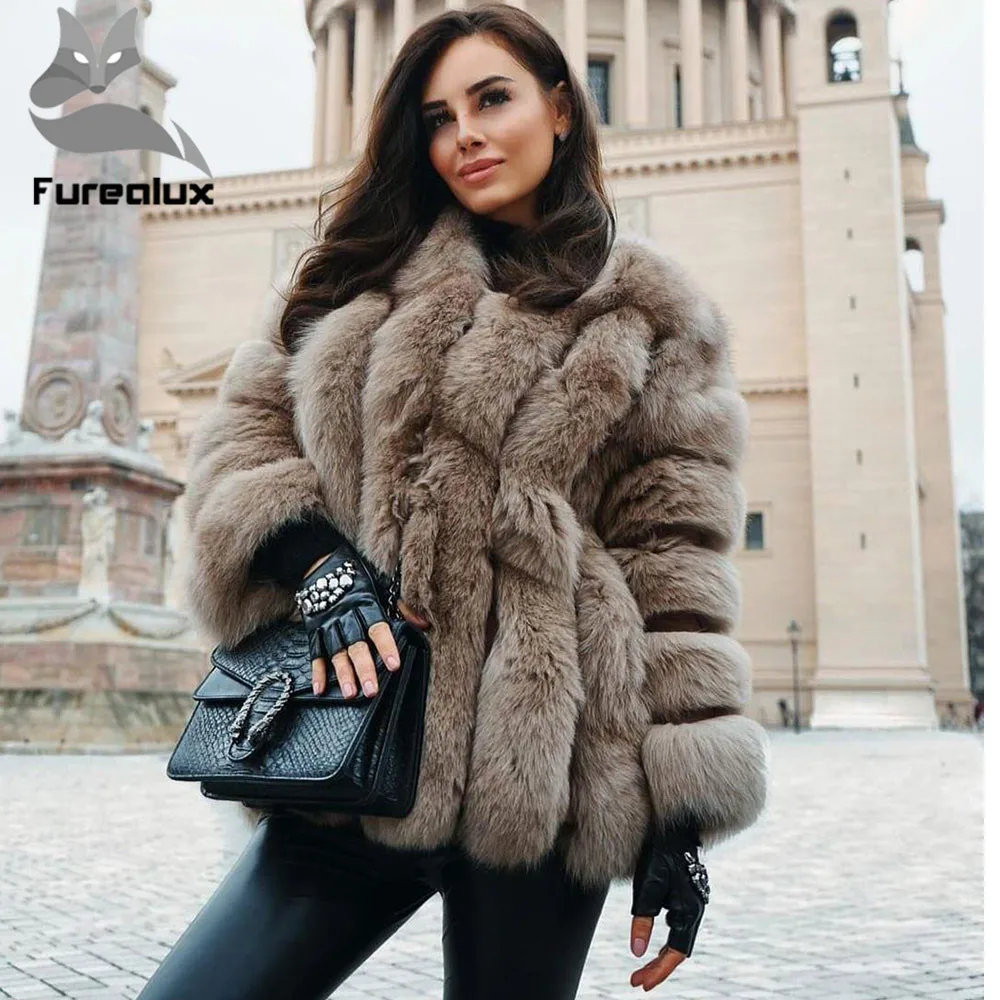Furealuxnew Новая шуба из цельных кожи меха лисы пальто вертикальный Длинные рукава с