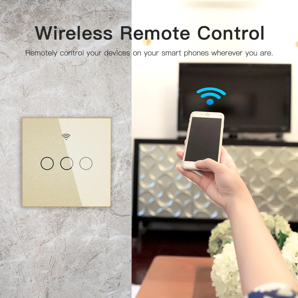 WiFi Smart Wall Switch No Neutral Wire Needed Wireless Smart Life Tuya Remote Control Single Fire Work With Alexa RF433 Gold