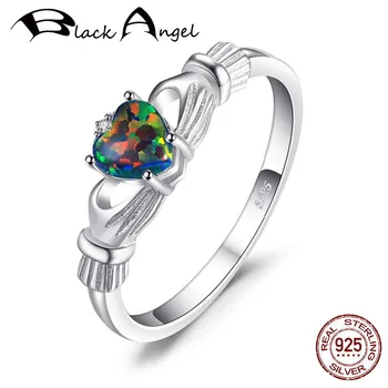 

BLACK ANGEL Heart Rainbow Color Opal Ring Genuine 925 Sterling Silver Rings for Women Engagement Silver 925 Gemstones Jewelry