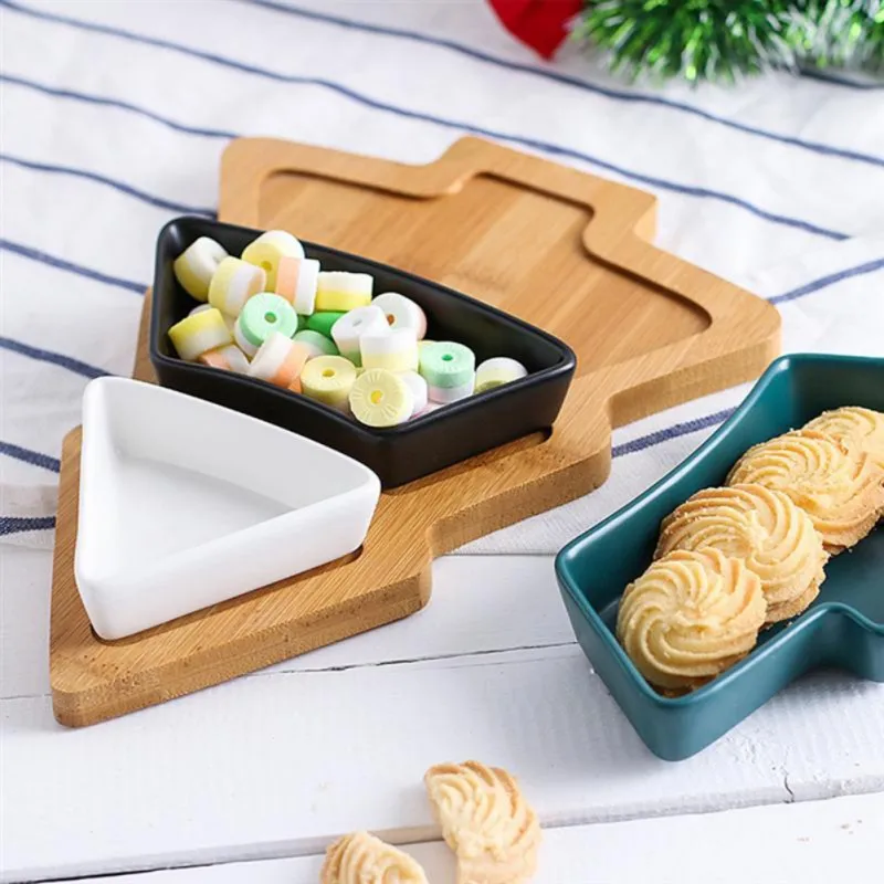 

Christmas Tree Ceramic Dish Tray With Bamboo Base Stand Removable Snack Platter Cookie Plates Party Dessert Kitchen Accessories