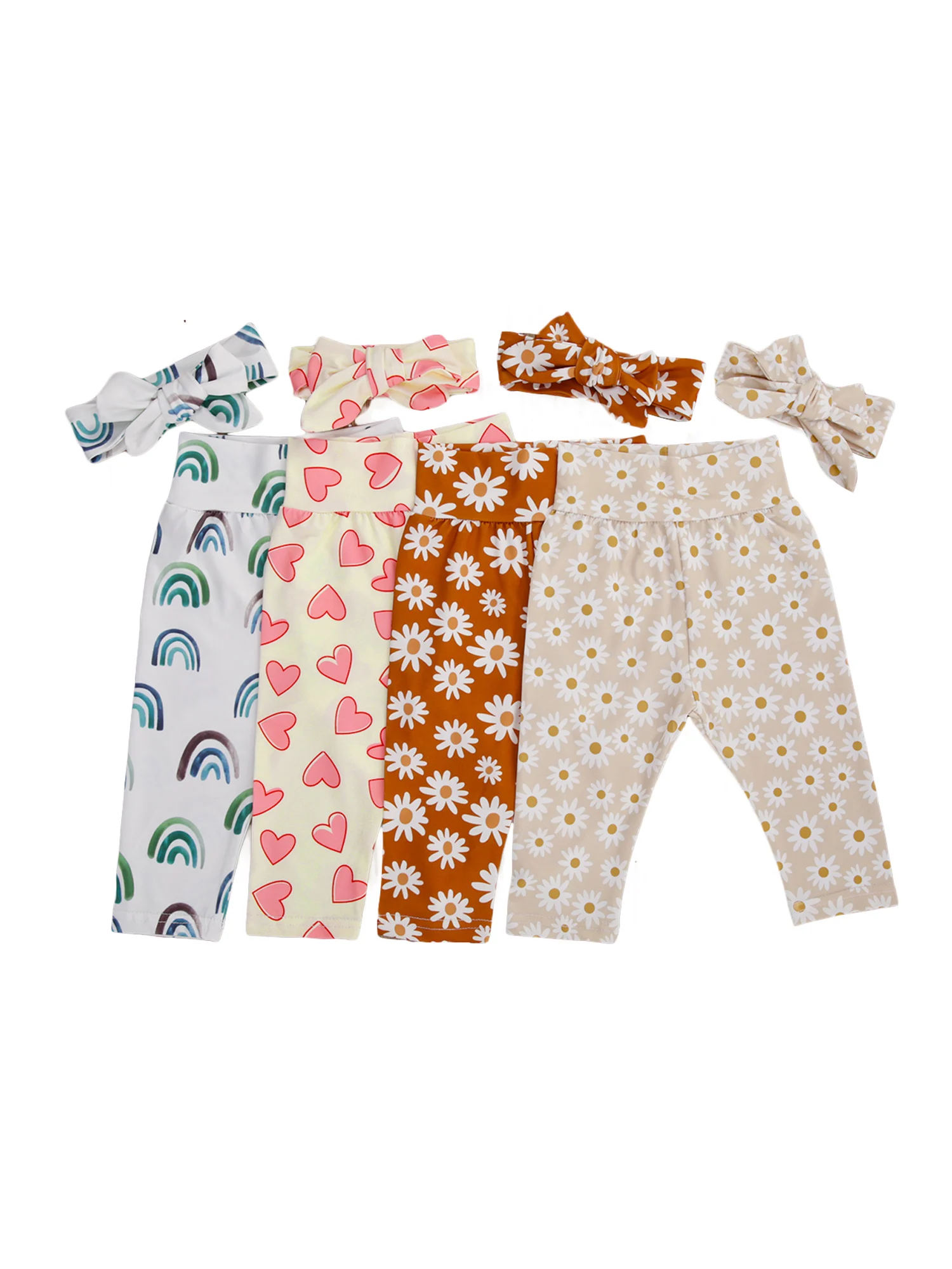 Pantalones con estampado de Arco Iris para bebé recién nacido, ropa para niña pequeña, Pantalones suaves de algodón, diadema, primavera y otoño