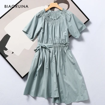 

BIAORUINA Women's Solid Color Freshing Irregular Hem Side Straps High Waist Sweet Dress Slash Neck Casual Summer Dress