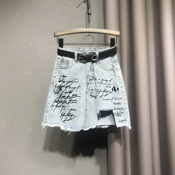 

Fashion Print Denim Short Skirt Women Summer High waist Irregular Package Hip Skirt Female Pocket Loose A-Line Jeans Mini Skirts