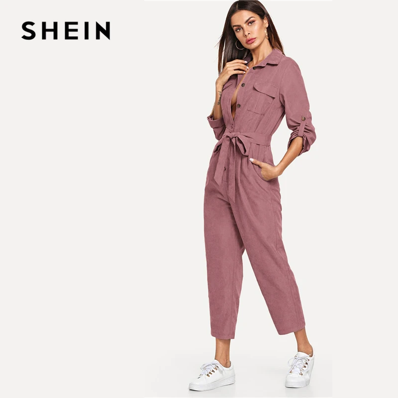 SHEIN Одноцветный Комбинезон С Оригинальным Рукавом И Поясом Повседневный Комбинезон С Длинным Рукавом