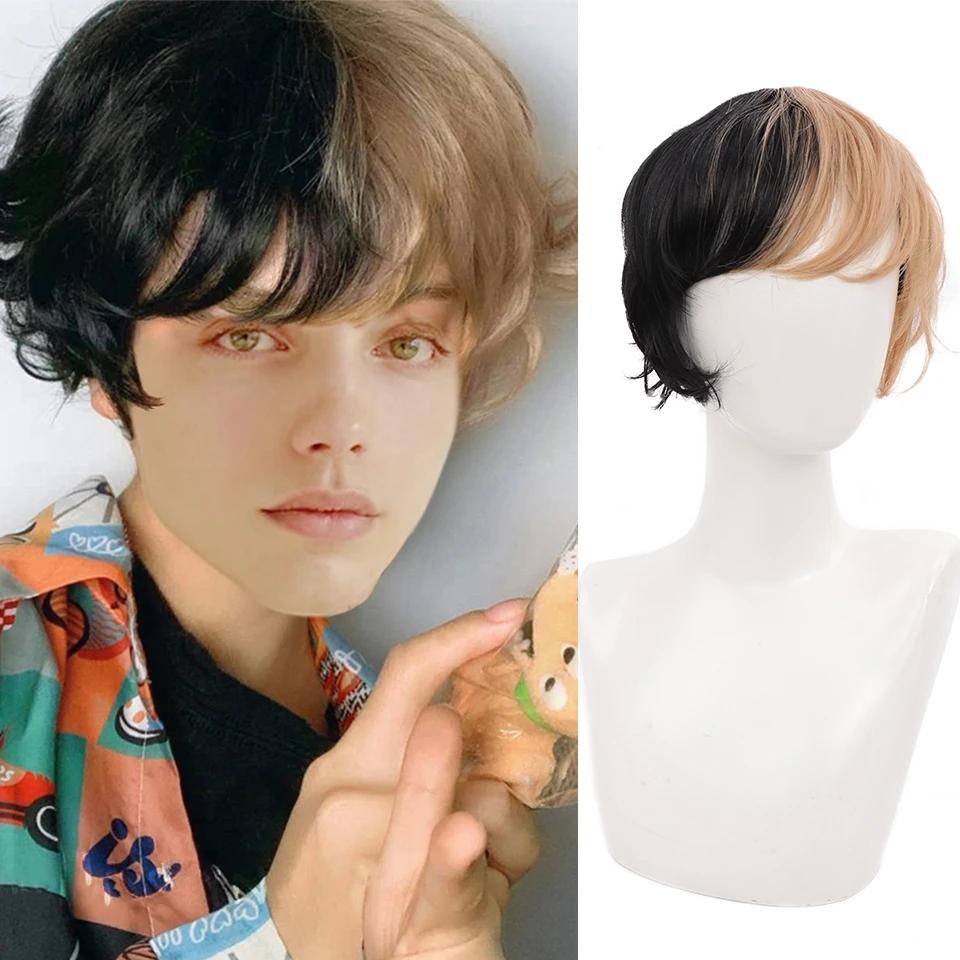 

BUQI Short Synthetic Curly Black Yellow White Wigs Cosplay Anime Costume Halloween Pix Cut Hair With Bangs For Men and Women