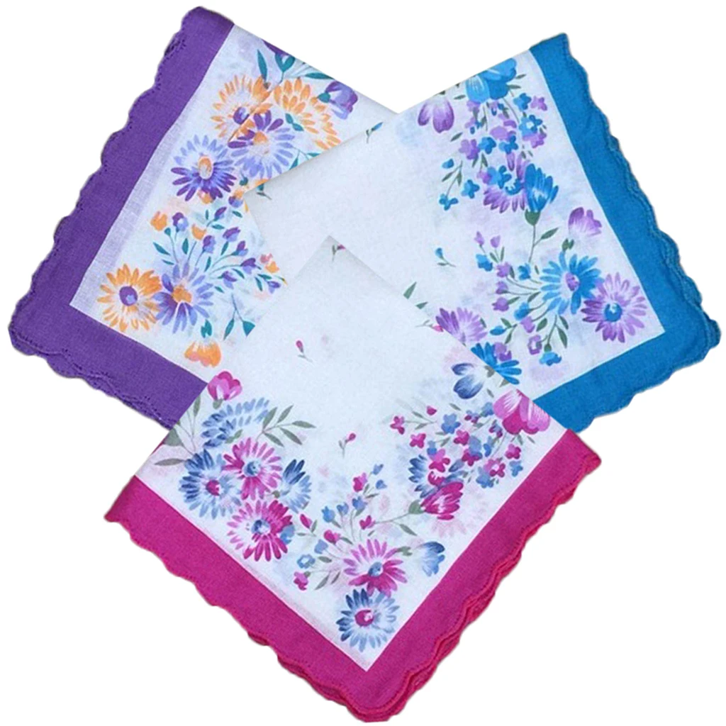 12X Womens Beauty Floral Printed Handkerchief Wendding Party Cotton Blend Hanky