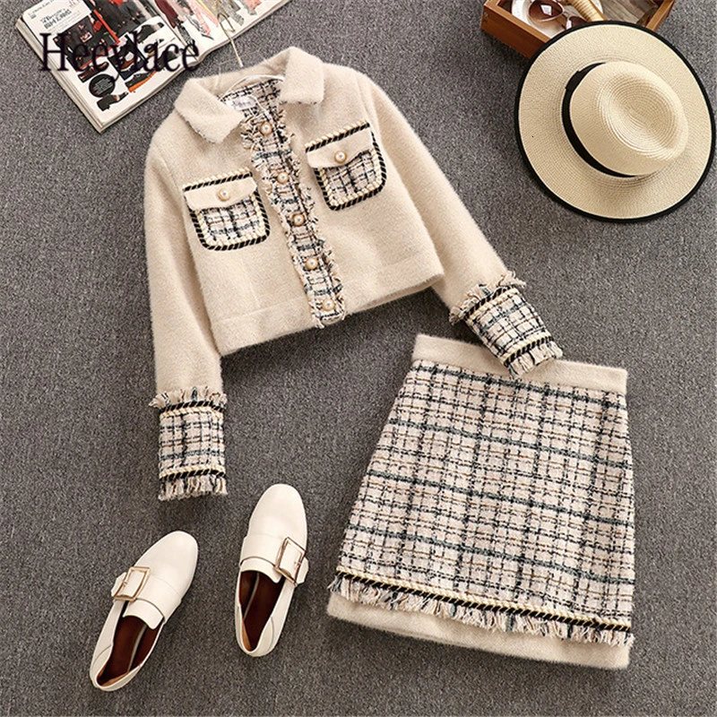 

Velvet Patchwork Tweed Fashion Single Breasted Short Coats+Women Winter Plaid Tweed Tassel High Waist Mini Skirts Sets